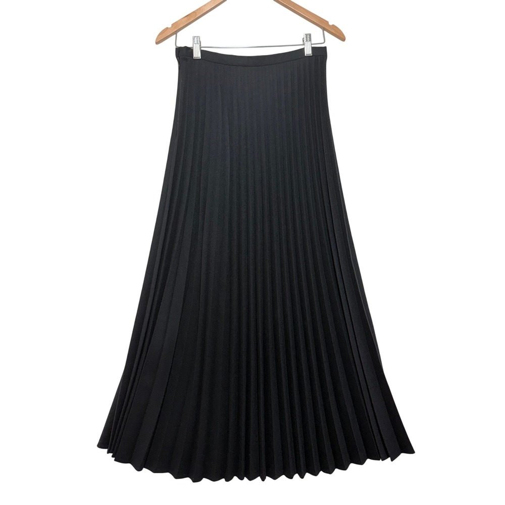 90s Minimalist Black Wool Blend Pleated Maxi Skirt XS High Waist Side Zip